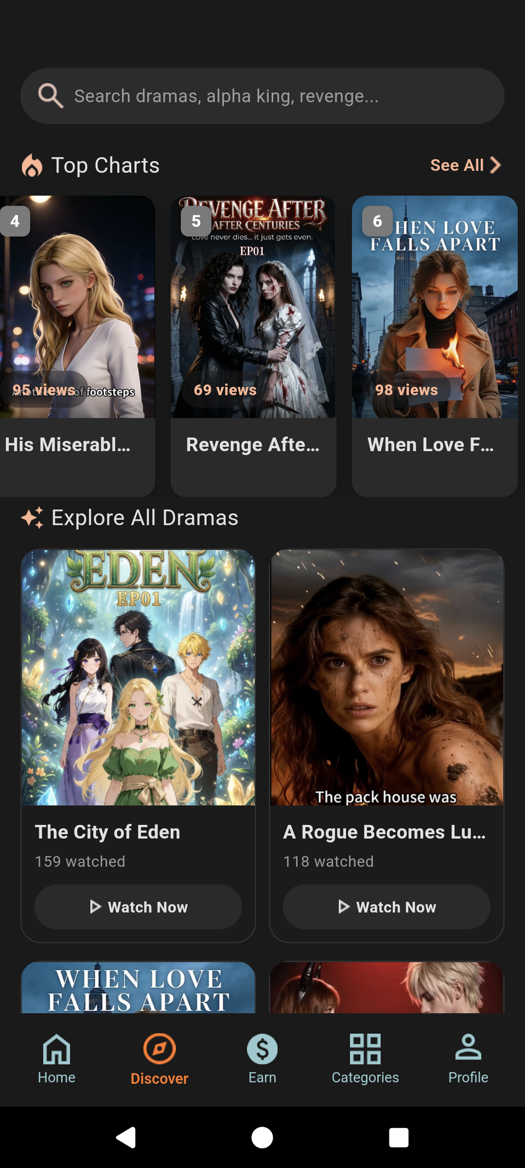 Plotify Discover screen with drama search and story selections